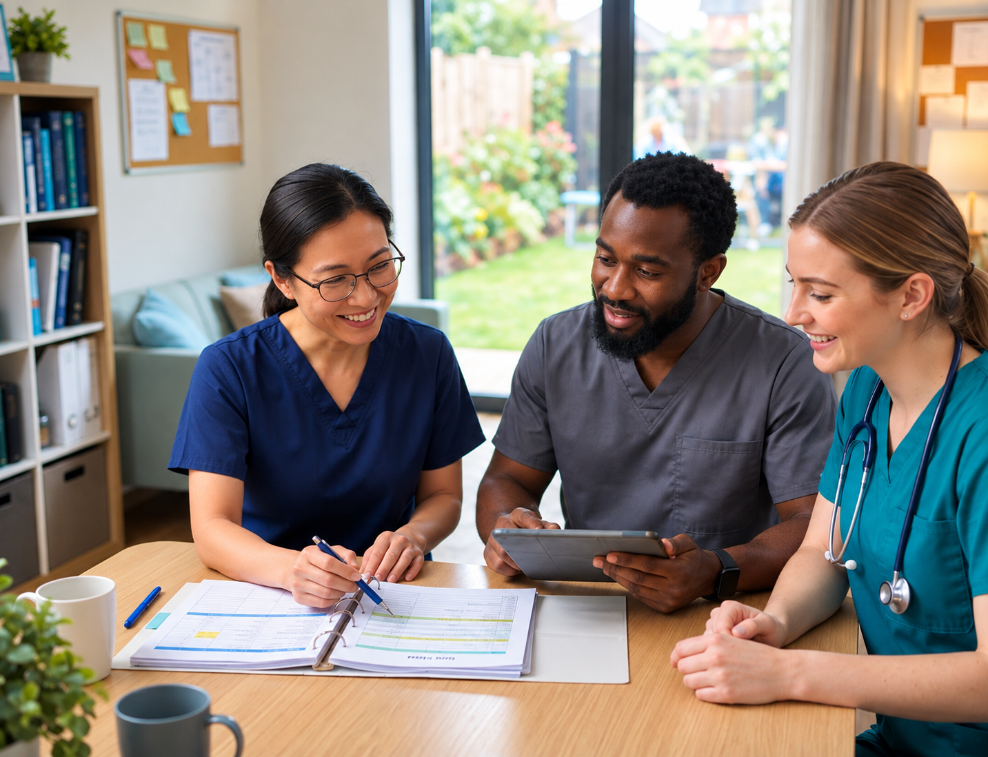 Healthcare team collaborating over document and tablet at table