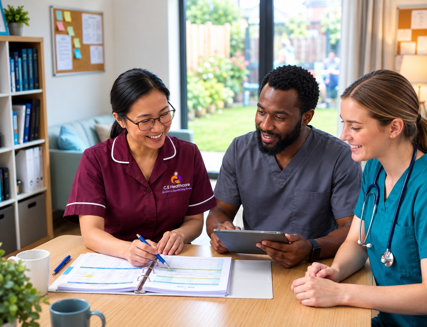 Healthcare team collaborating over document and tablet at table