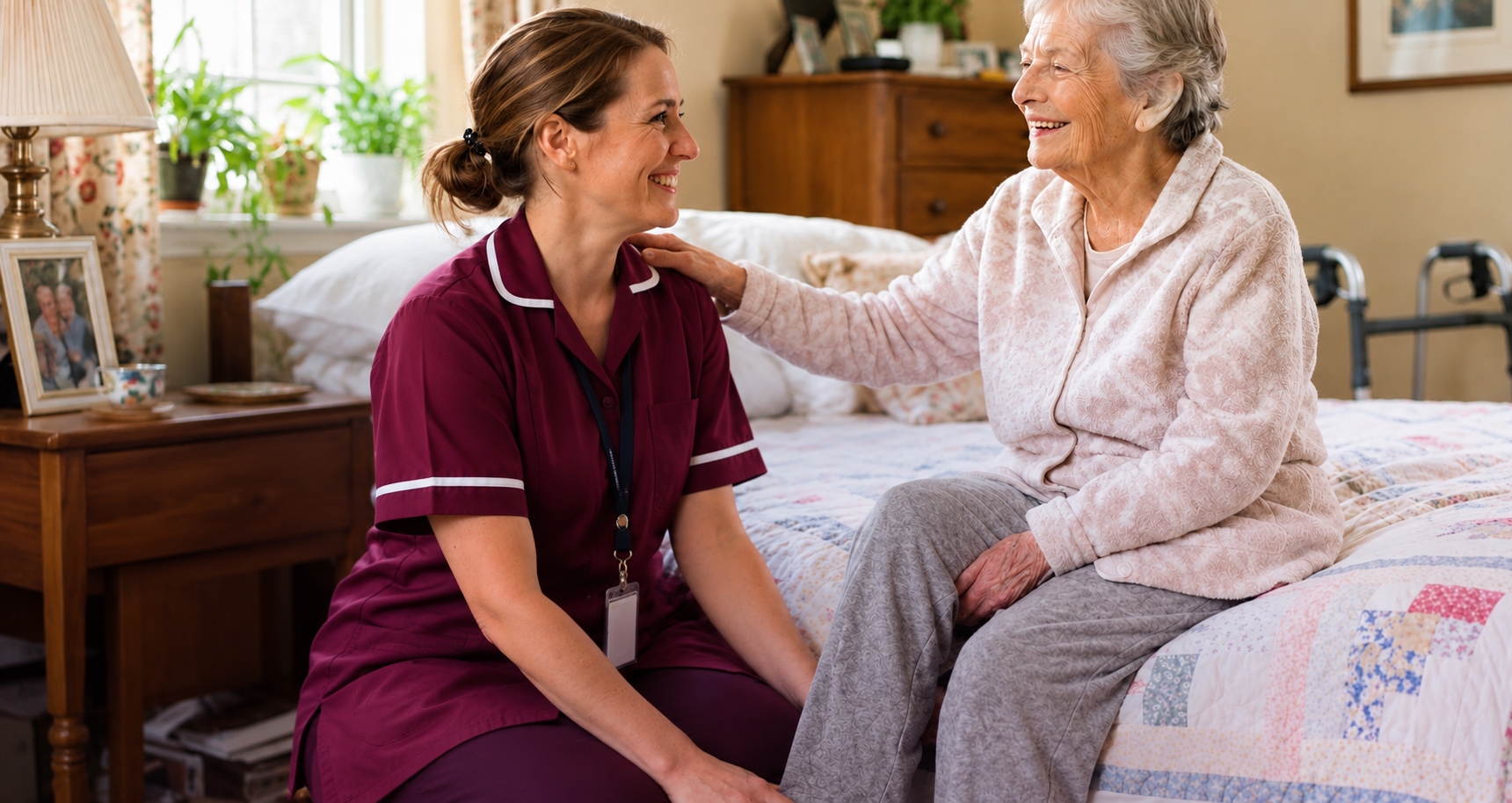 Caregiver interacting warmly with senior client at home