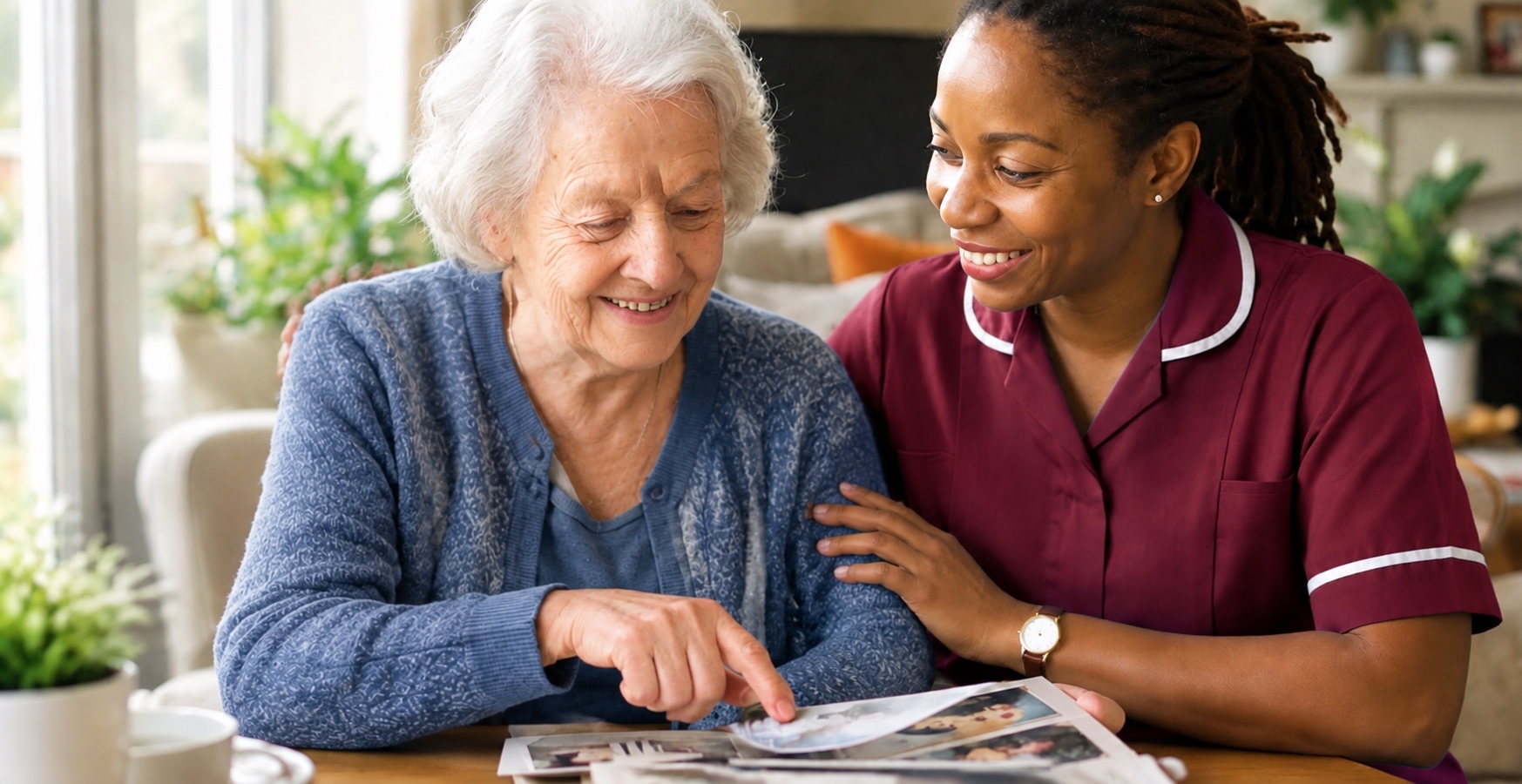 Caregiver in deep burgundy uniform interacting warmly with a resident