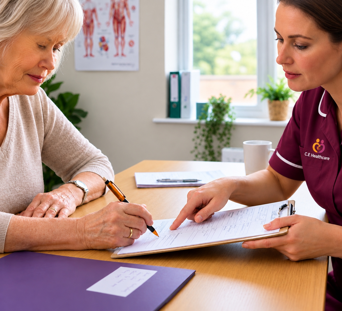 Healthcare worker reviewing documents with client
