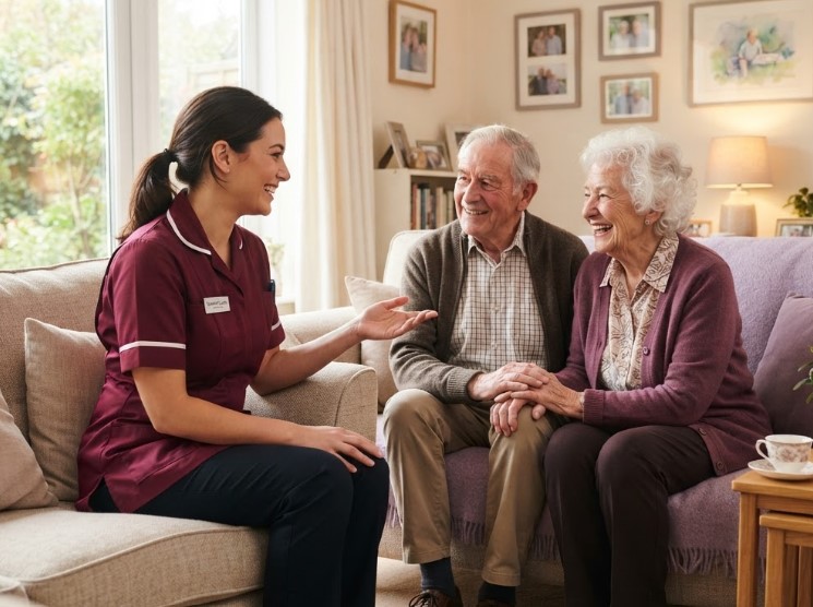 Caregiver shareing tea with elderly couple on sofa