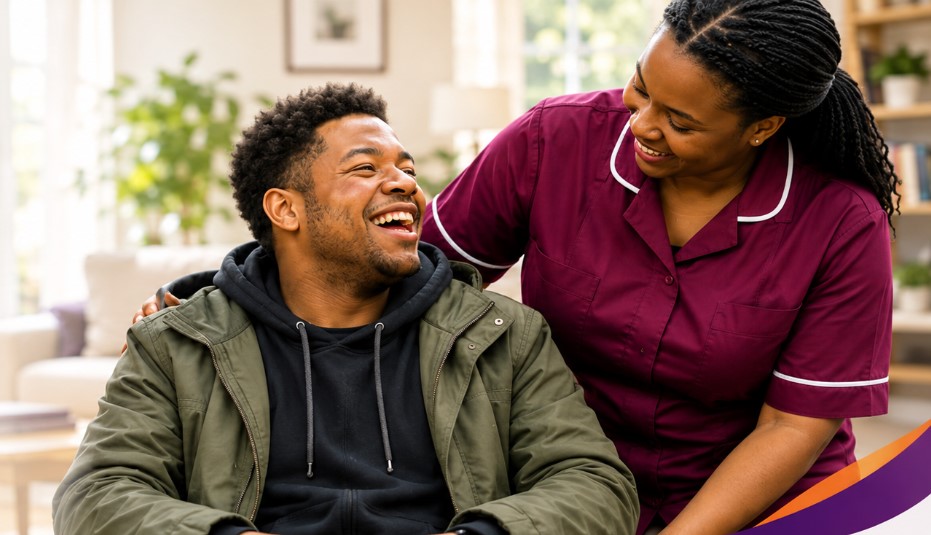 Carer and supported living individual smiling outside